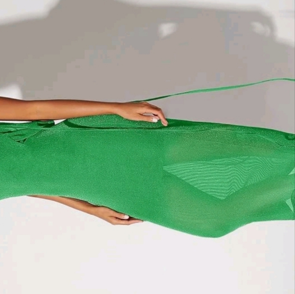 shein.Bae.Elegant Green Open Back Drawstring Shoulder Sparkly Dress Size L - Picture 5 of 12